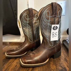 NWT Ariat Round Up Square Toe Women Boot Size 8.5 Wide Brown Teal Yukon Bronze